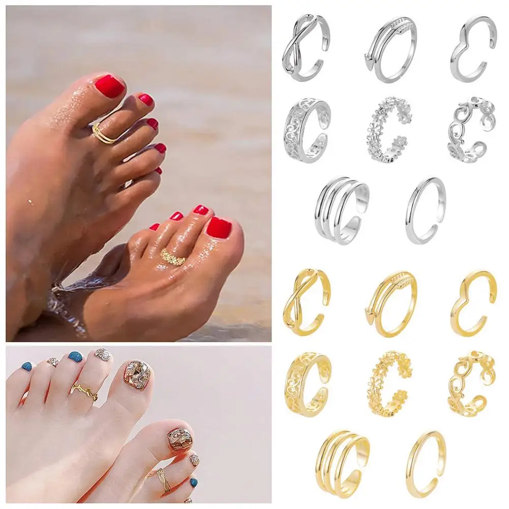 8/12PCS Open Adjustable Toe Rings Set For Women Girls Beach Vacation Barefoot Foot Rings Shiny Alloy Summer Accessories