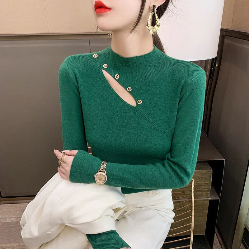 

Women Clothing Fashion Half Turtleneck Pullover Autumn Winter Solid Long Sleeve Knitwear Office Lady Comfortable Hollow Out Top