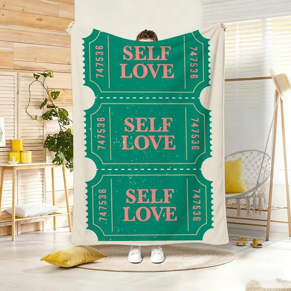 Self‑Love Ticket Print Flannel Throw Blanket Retro Vintage Ticket Stub Positive Quote Text Soft Lightweight Plush Blanket for Sofa Couch Bed Home Decor