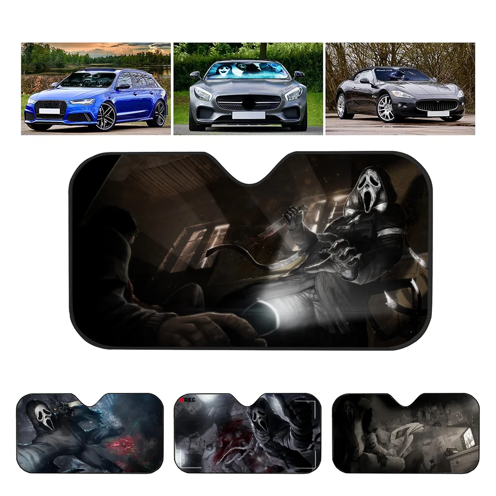 Scream Ghostface Horror Cute Anime Photo Car Windshield Sun Shade Car Sun Visor Protector Aluminum Foil 51.2 X 27.5 In
