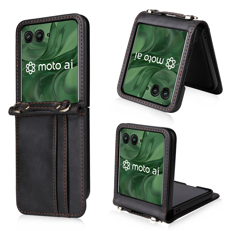 Lanyard Integrated Shockproof Card Slot Leather Case For Motorola Moto Razr Plus 2024 Anti-Scratch Protective Phone Cover