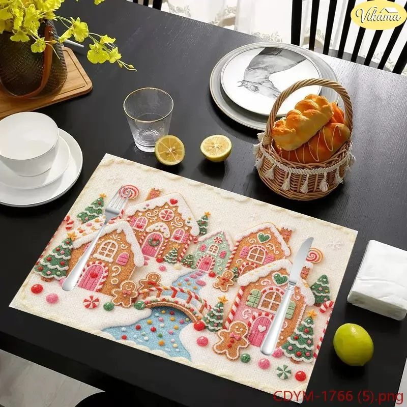 VIKAMA Christmas Placemats, Pink Poinsettia Garland Bauble Red Gingham Print, Washable Winter Holiday Dining Mat