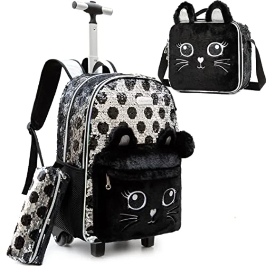 

Rolling Backpack for Girls Cute Sequin Cat Backpacks with Wheels for Elementary Students with Lunch Box for Girls