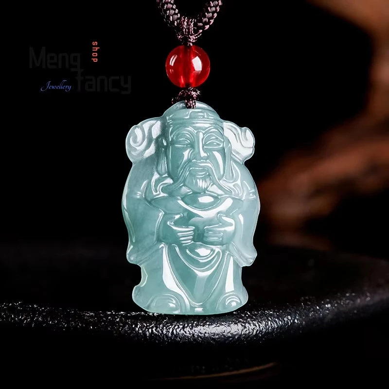 Natural A-grade Jadeite Blue Water Small God Of Wealth Ice Jade Pendant Through The Wealth Exquisite Couple Jewelry Holiday Gift