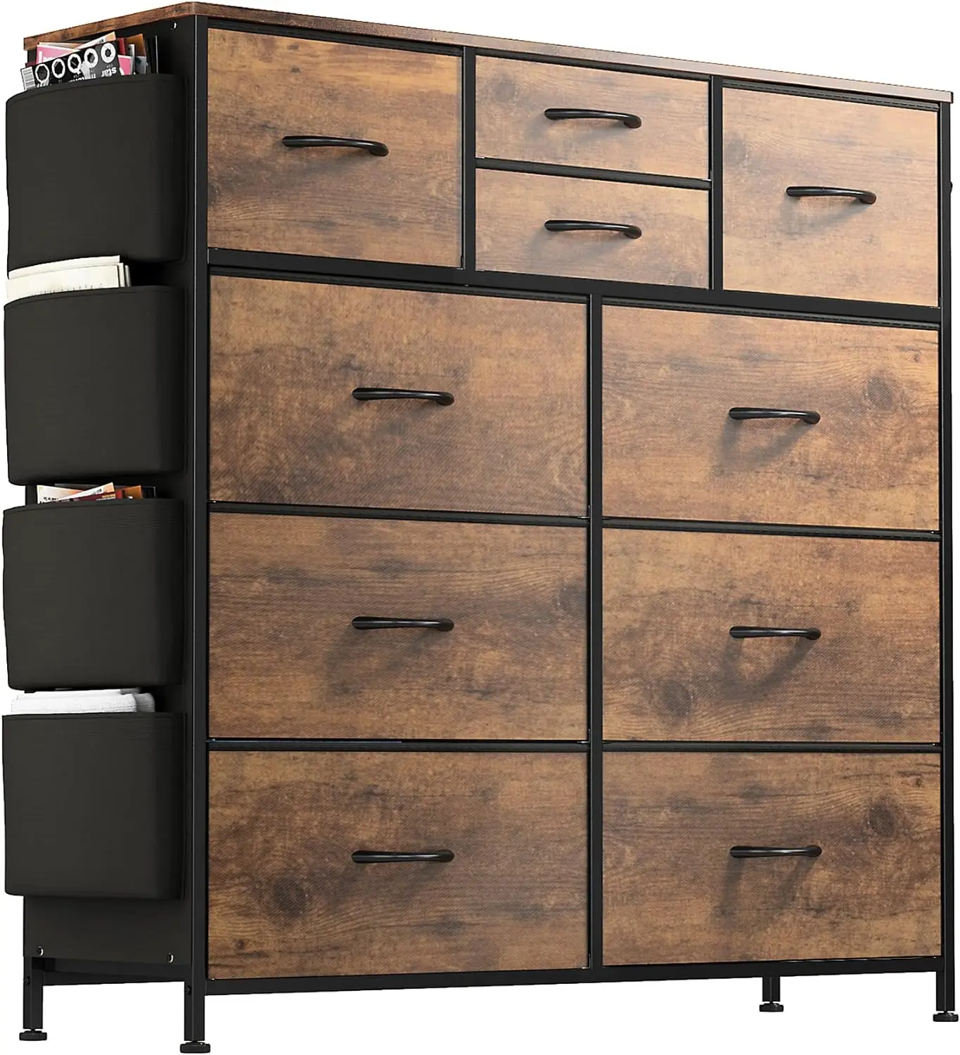 Dresser for Bedroom with 10 Drawers, Chest of Drawers with Side Pockets and Hooks, Fabric Storage Organizer Unit for Living Room