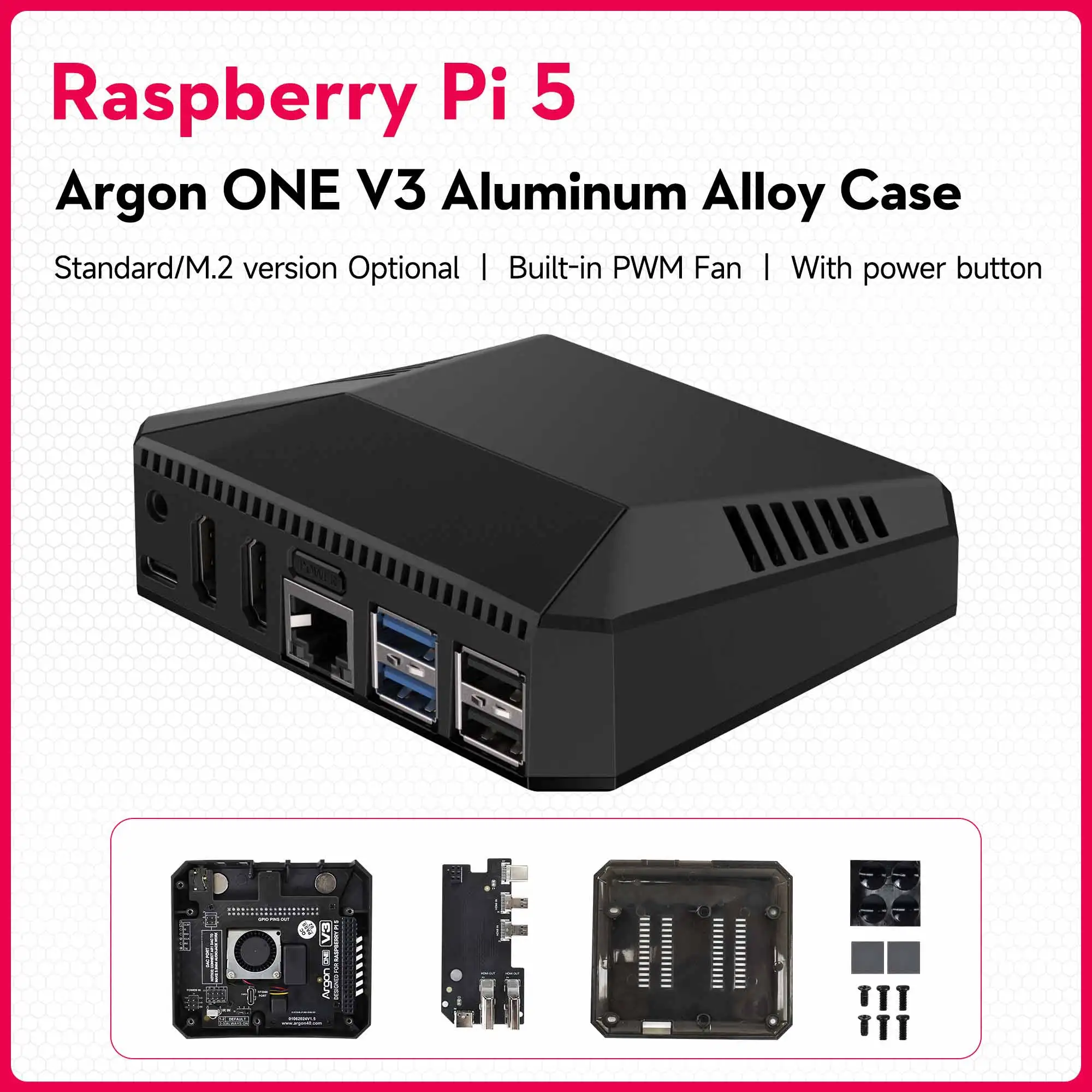 Raspberry Pi 5 Argon ONE V3 Obudowa ze stopu aluminium Wbudowana karta rozszerzeń Wentylator PWM Odbiornik podczerwieni M.2 Obsługa instalacji SSD