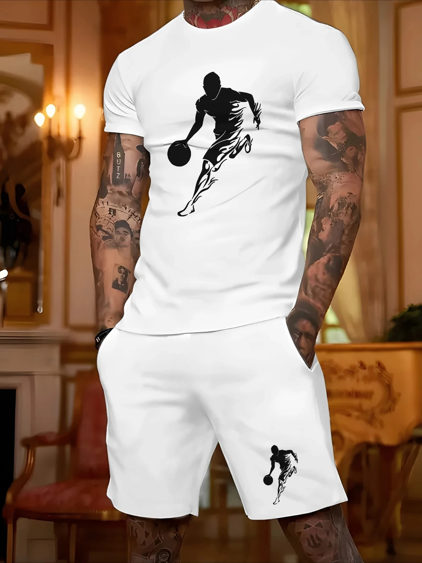 

2026 new fashionable casual daily versatile set, basketball printed T-shirt and shorts, comfortable two-piece set for going out