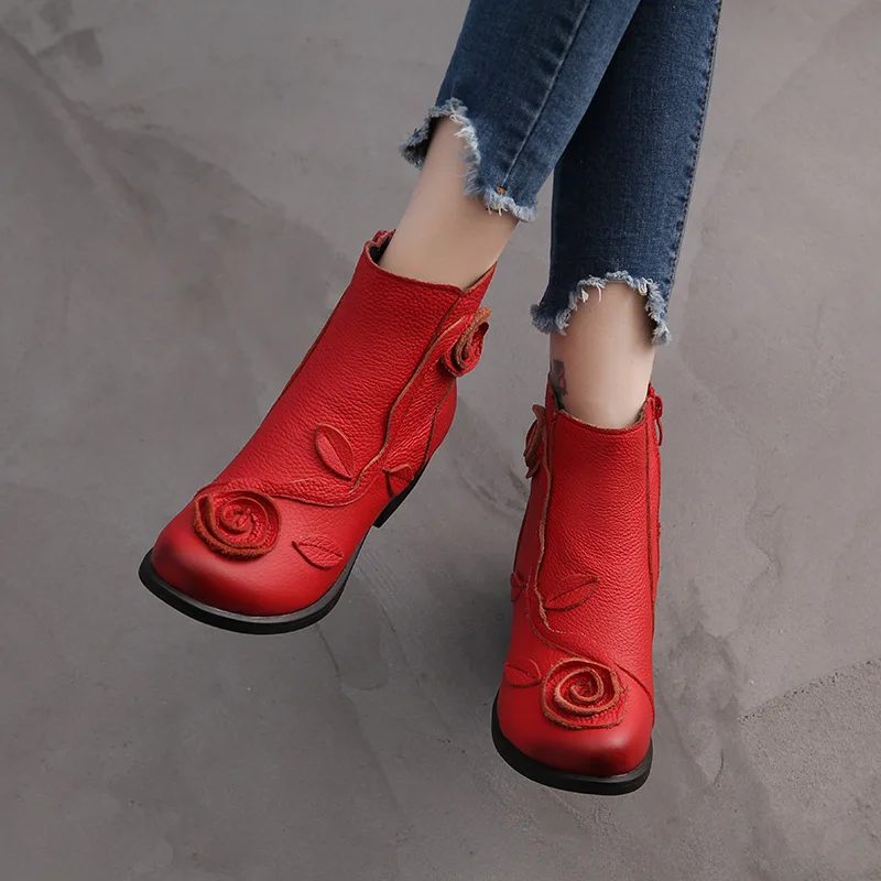 

Elegant booties woman ankle boots red floral heeled shoes good leather women's boots med block heels short plush boot new shoes