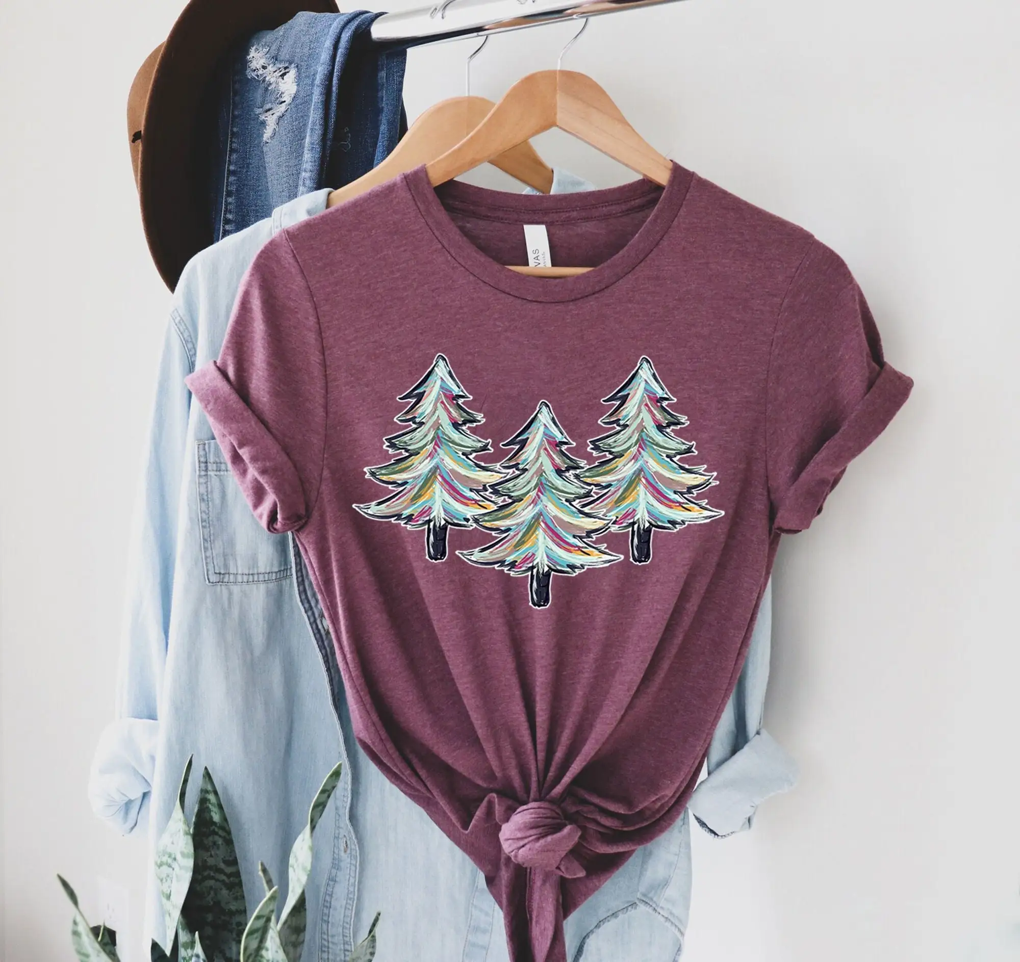 Womens Christmas T Shirt Crewneck Tree Holiday Sweaters For Women Winter Watercolor