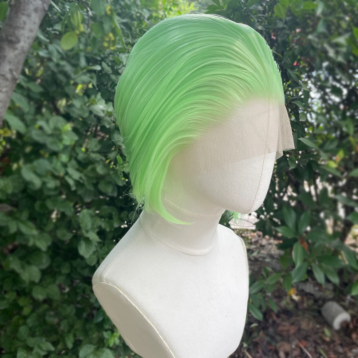 Hellgrüne Cosplay-Perücken für Männer, 13 x 4 synthetische Lace-Front-Perücken, kurze Bob-Schnitt-Perücken für Frauen, natürlicher Haaransatz, freier Teil, 150 % – Detail 4