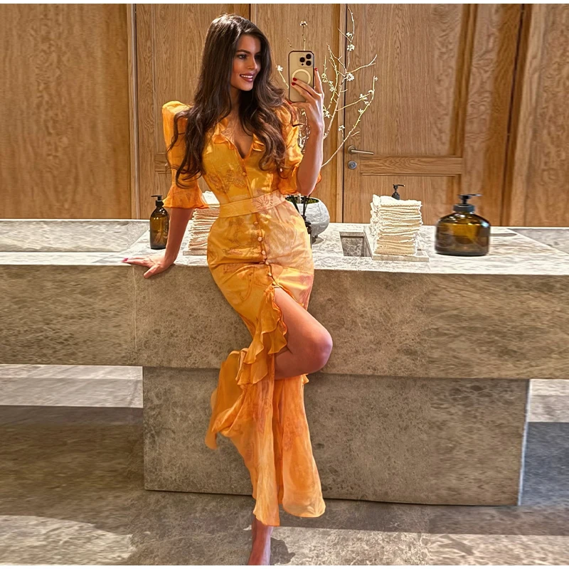 Elegant Ruffle Women's Long Dresses V Neck Half Sleeve Button Waist Cinching Pleated Dress 2026 Spring Lady Fashion Party Robes