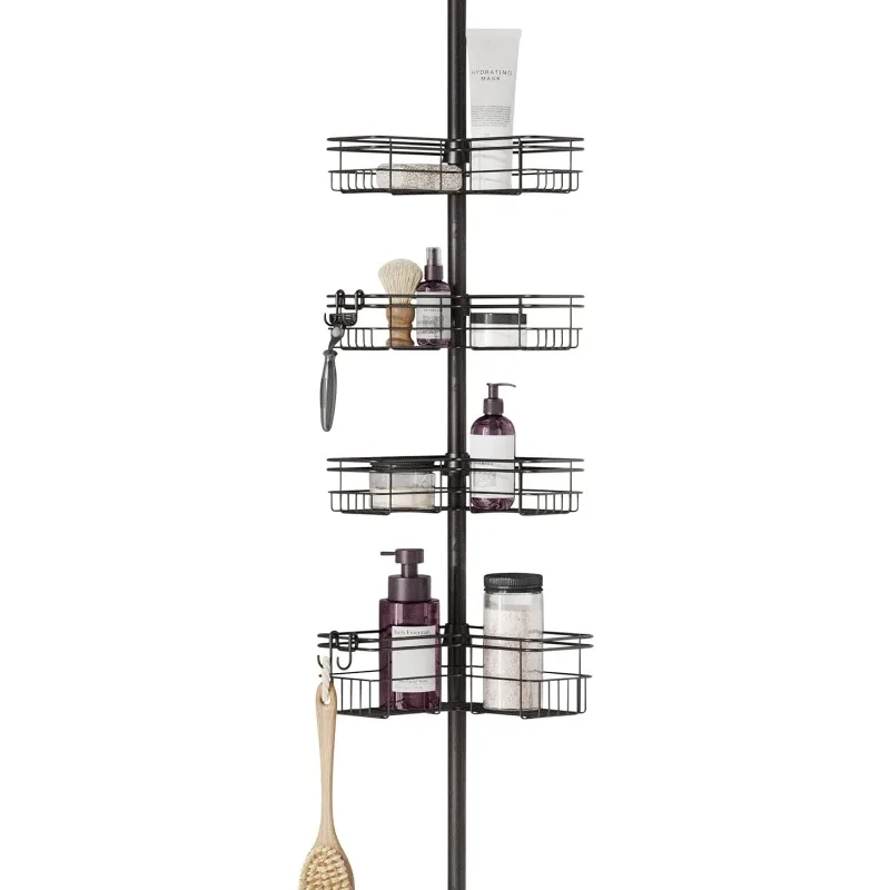 

4 L-Shaped Shelves with Hooks, Bronze, 60-97 Inch – Rust-Resistant Corner Shower Organizer Shelf