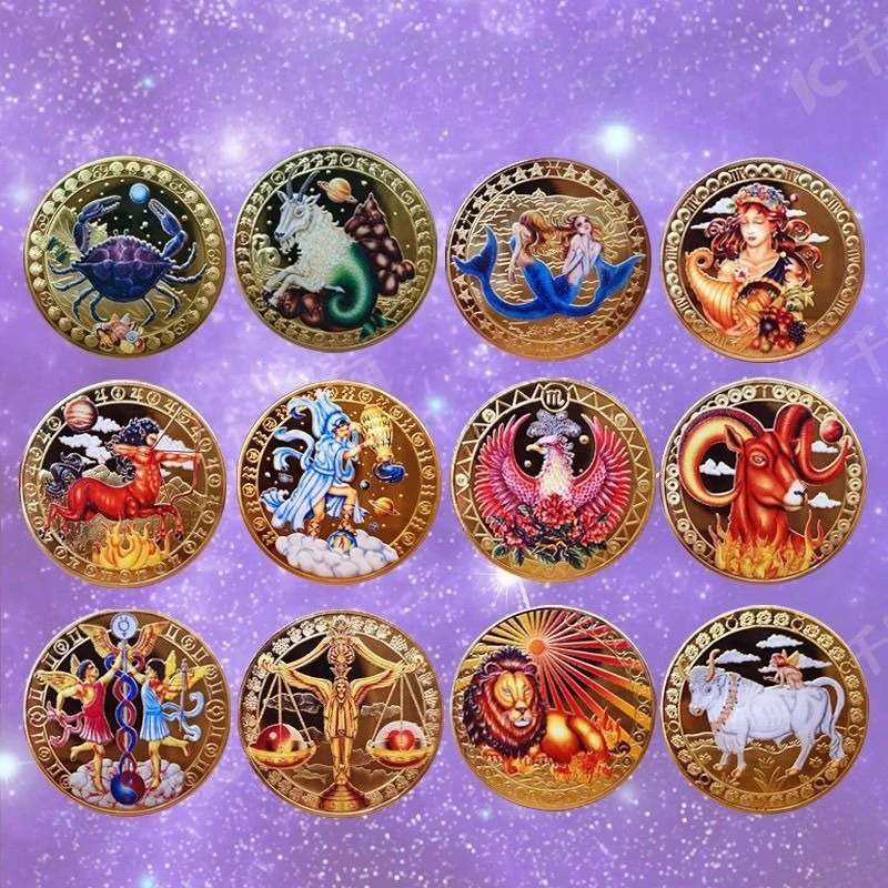 Twelve Constellation Commemorative Coins, Complete Set of 12 Constellations, Wishing Sun Commemorative Medals, Colorful Coins