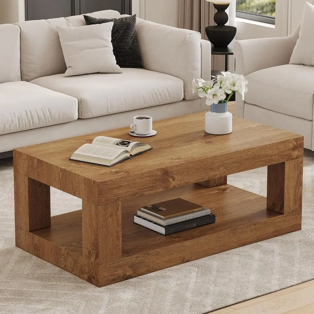 

2-Tier Rustic Style Storage Coffee Table with Thick Natural Wood Top for Living Room, Office