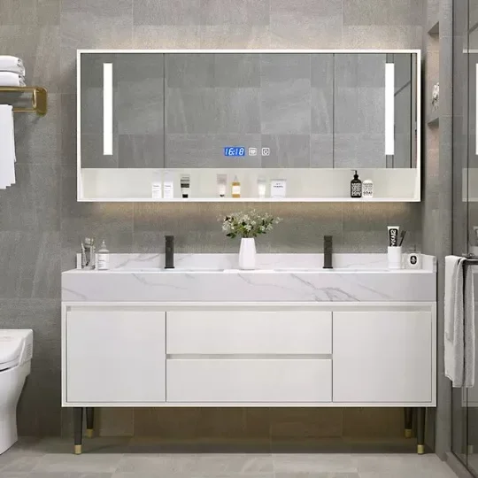 Light luxury rock slab hot bending integrated smart mirror cabinet