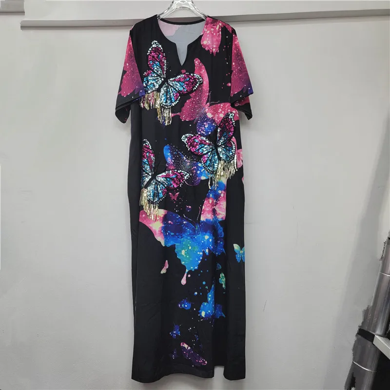 خريف جديد تصميم فريد Y2k Vestisos فستان نسائي فضفاض فراشة طباعة الترتر شرابة التخسيس عطلة نمط فساتين طويلة #4