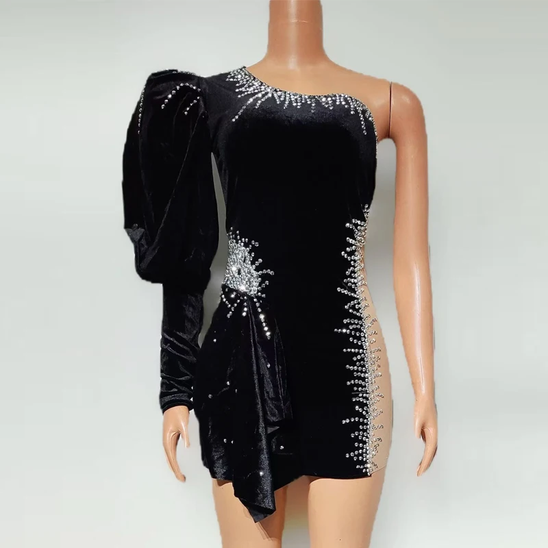 Mode Frauen Diamant Abend Party Kleider One Sleeve Schwarz Samt Prom Kleid Feiern Kleid Bar Bühne Jazz Kostüm XS9547