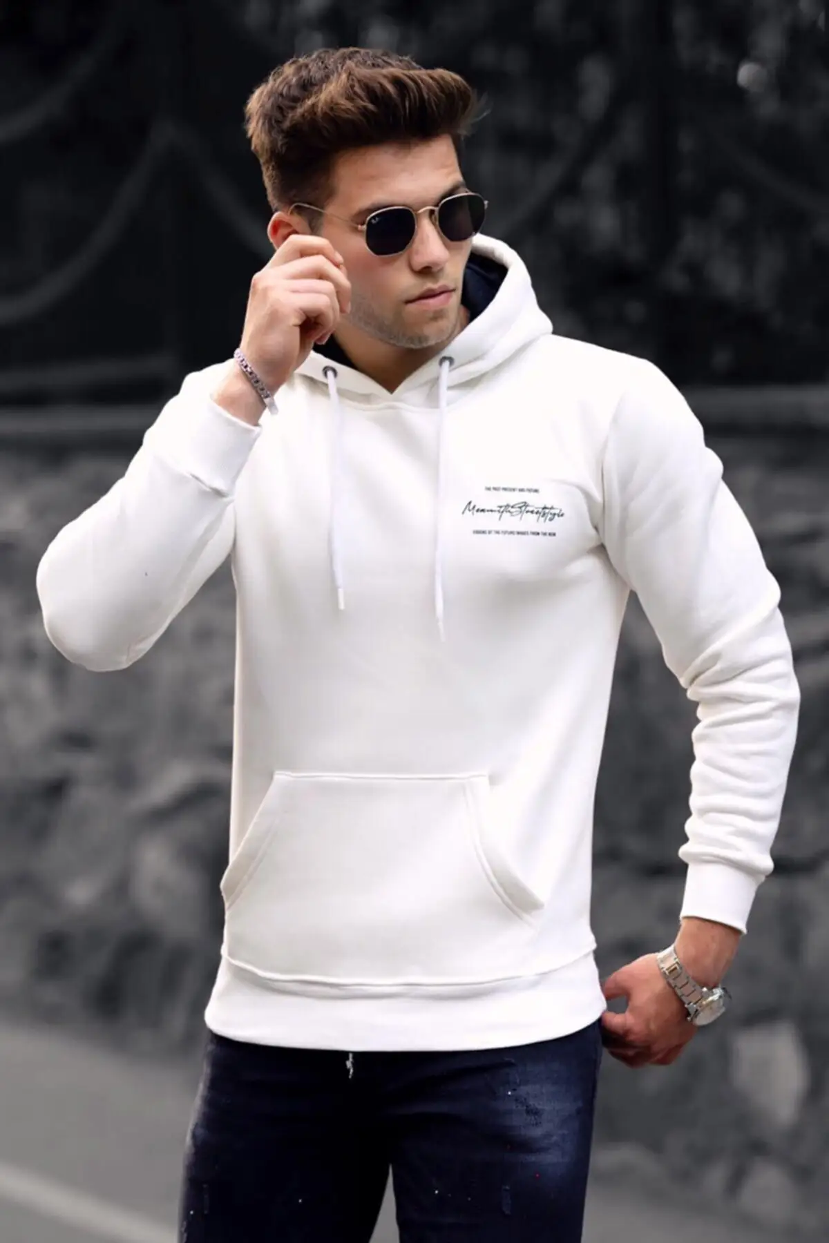 Men's Printed White Hooded Cotton Polyester Sweatshirts Pullover Perfect Fit Slim Fit High Quality