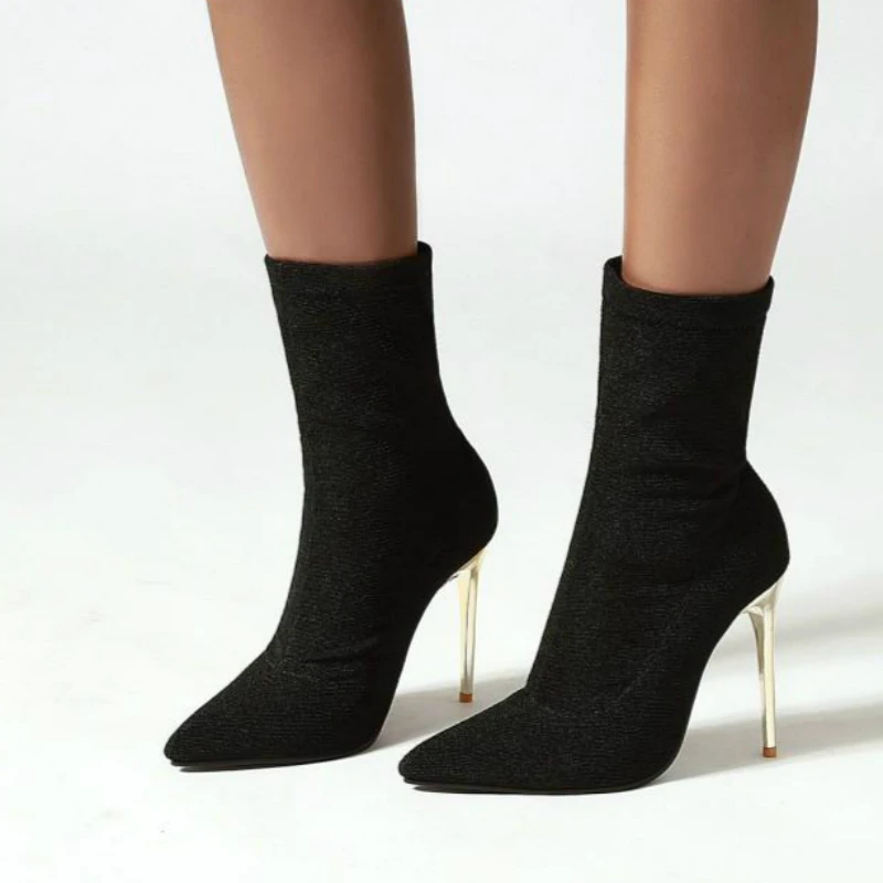 Sexy Sock Boot Female Stretch Slim Ankle Boots For Women High Heels Fashion Leopard Silver Party Shoes Spring Autumn Big Size 48