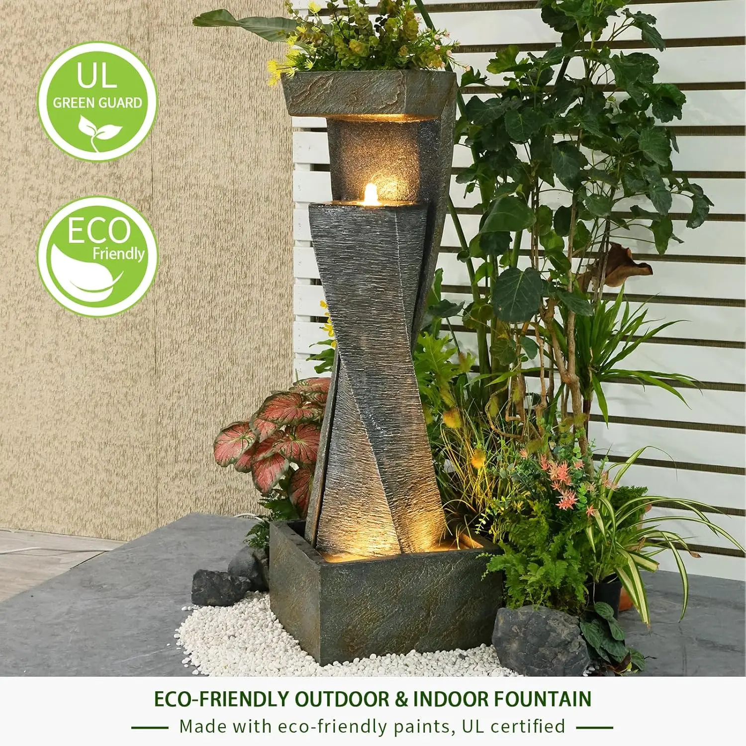 Garden Modern Outdoor Fountain, 47.2" Floor Standing Outdoor Water Fountains with Lights for Garden, Backyard, Patio, Porch