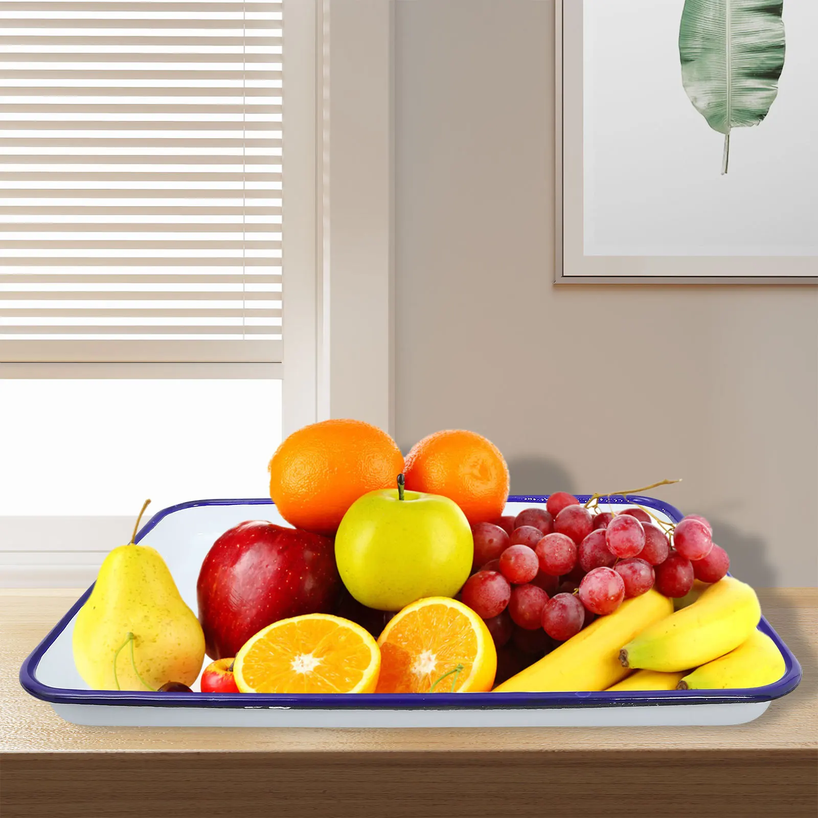 

White Enamel Rectangular Serving Platter Large Smooth Scratch-Resistant For Kitchen Coffee Table Food Display Fruit Bread