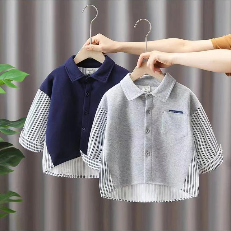 Kids Clothes Individualistic Korean Version Versatile Lapel Long Sleeve 2023 Spring New Boys Clothes Patchwork Contrast Shirt