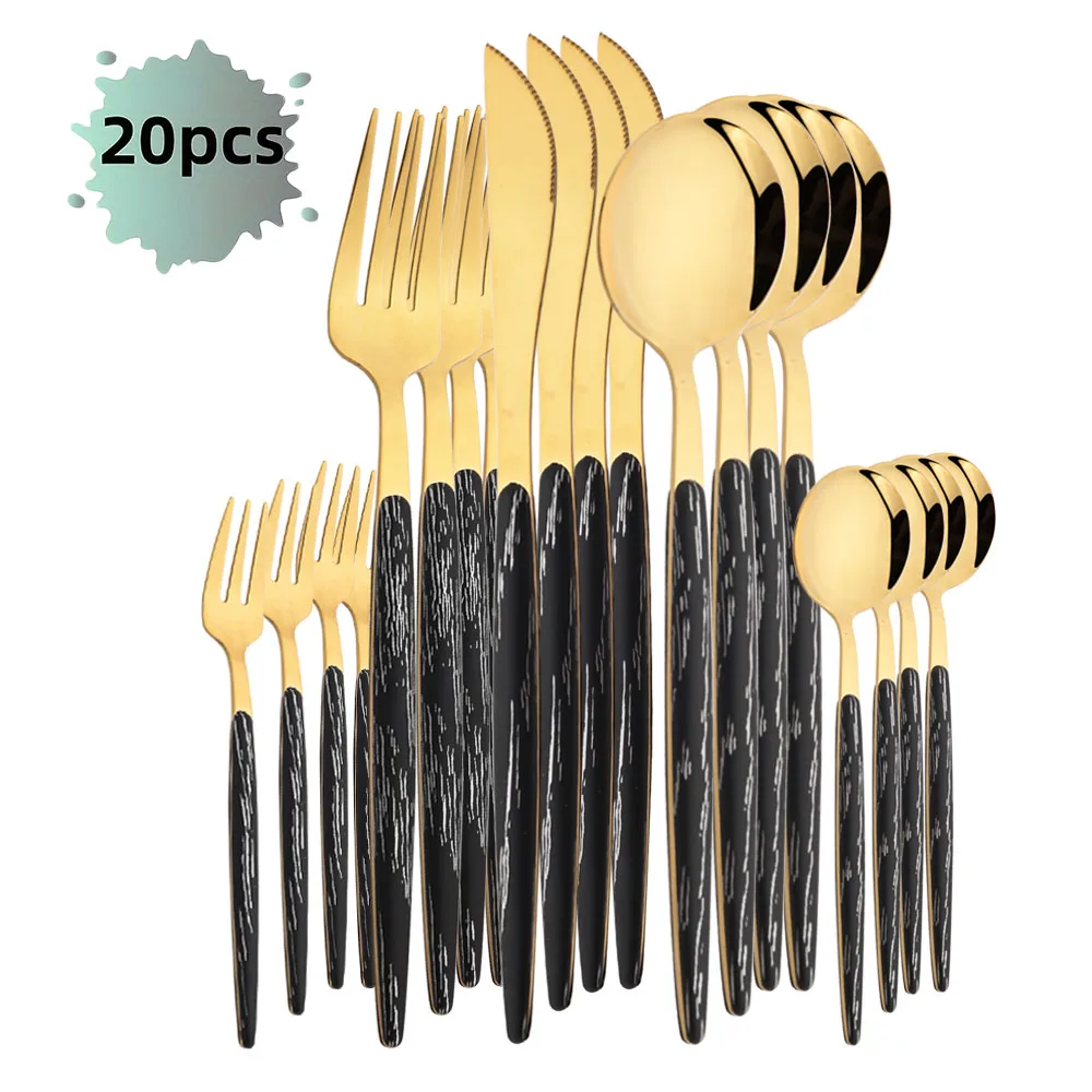 20Pcs Stainless Steel Dinner Gold Imitation Wooden Handle Dinnerware Knife Coffee Spoon Fork Cutlery Set Tableware Silverware