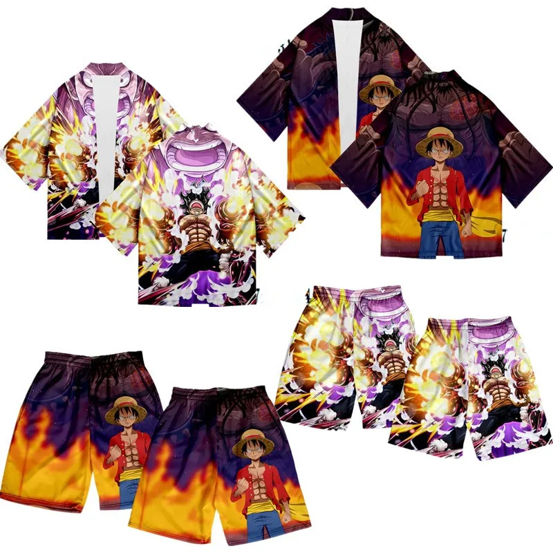 One Piece Anime Cartoon Flying Zoro Shorts Cloak Haori Kimono Printed Cos Clothing Set Holiday Gifts