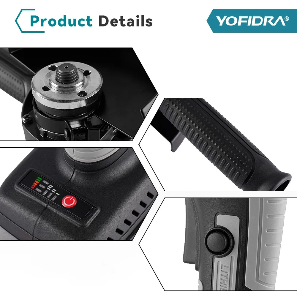 YOFIDRA 125mm Brushless Angle Grinder 3 Gears Cordless Efficient Wood Cutting Polishing Power Tool  For Makita 18V Battery