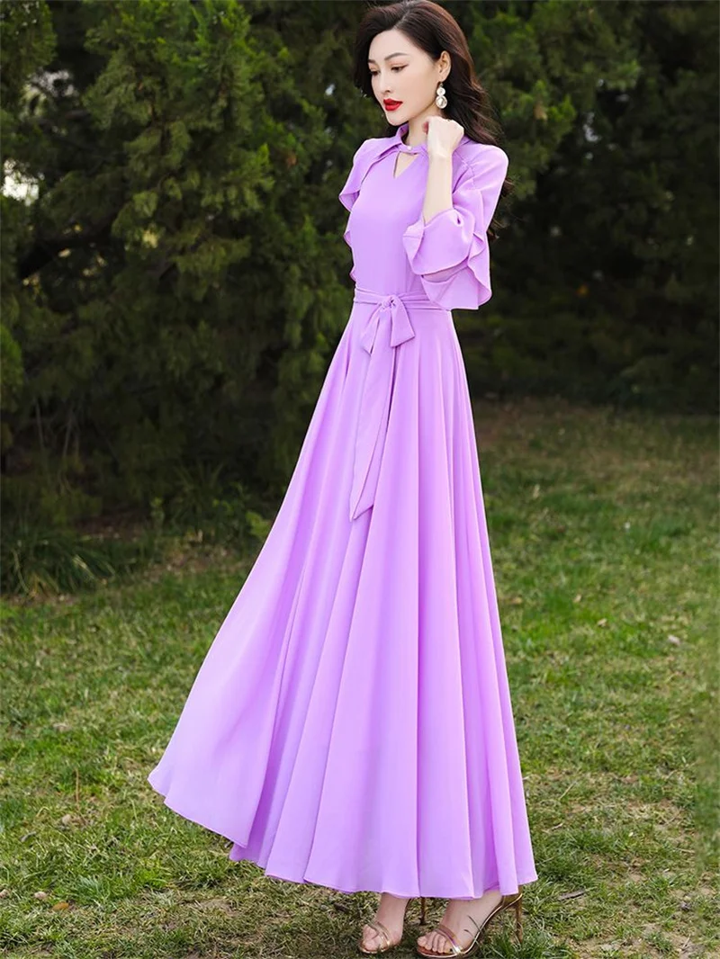 Women Dress Summer Autumn Spring New Purple Long Sleeve Chiffon Beach Casual Elegant Dress Long vestido de mujer