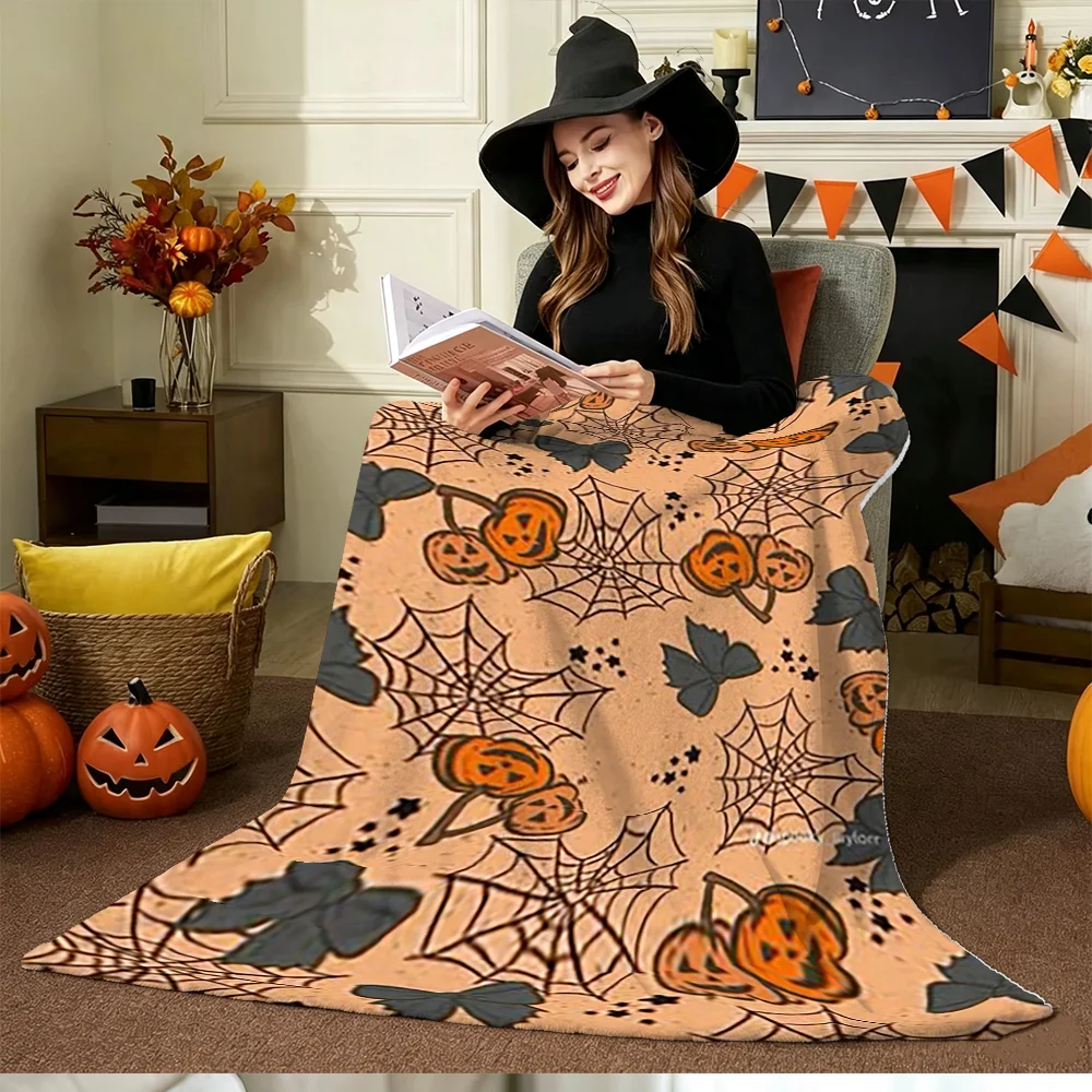 Halloween Flannel Blanket Pumpkin Spider Web Print Soft Fleece Throw for Home Decor Festival Party Bed Sofa Cover