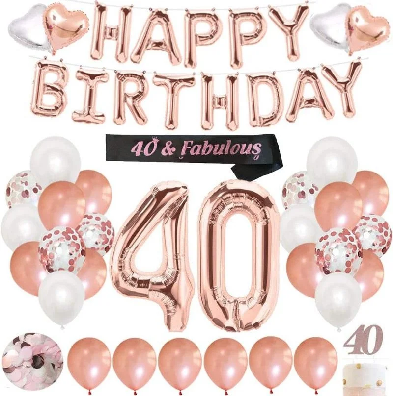 40th Happy Birthday Decoration Gold Rose with Sash, Number 40 Balloon, Happy Birthday Banner, Happy 40th Birthday Cake Topper