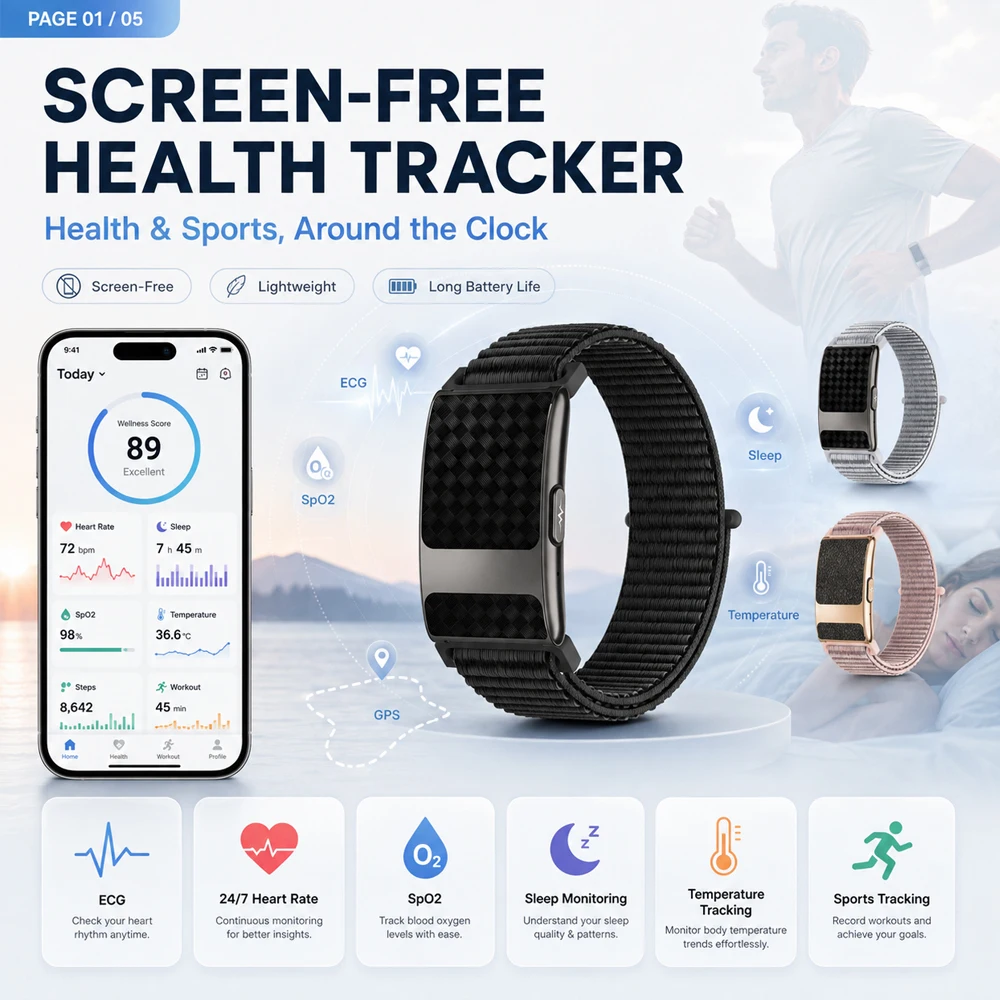 2026 New Flexible Smart Wristband Screen Health Monitor Sleep SpO2 HRV Blood Pressure GPS Sports Tracking 3ATM Fitness Band