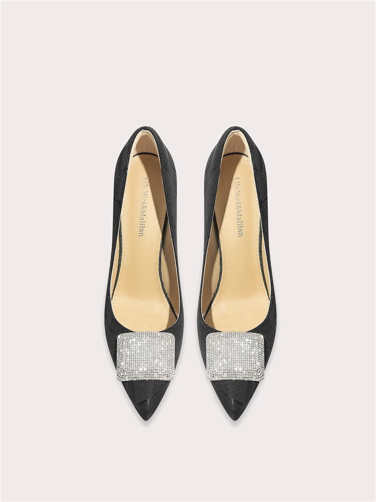 Spring new pointed shallow cloth surface rhinestone flat shoes thin high-heeled banquet dress large size small size women's shoe