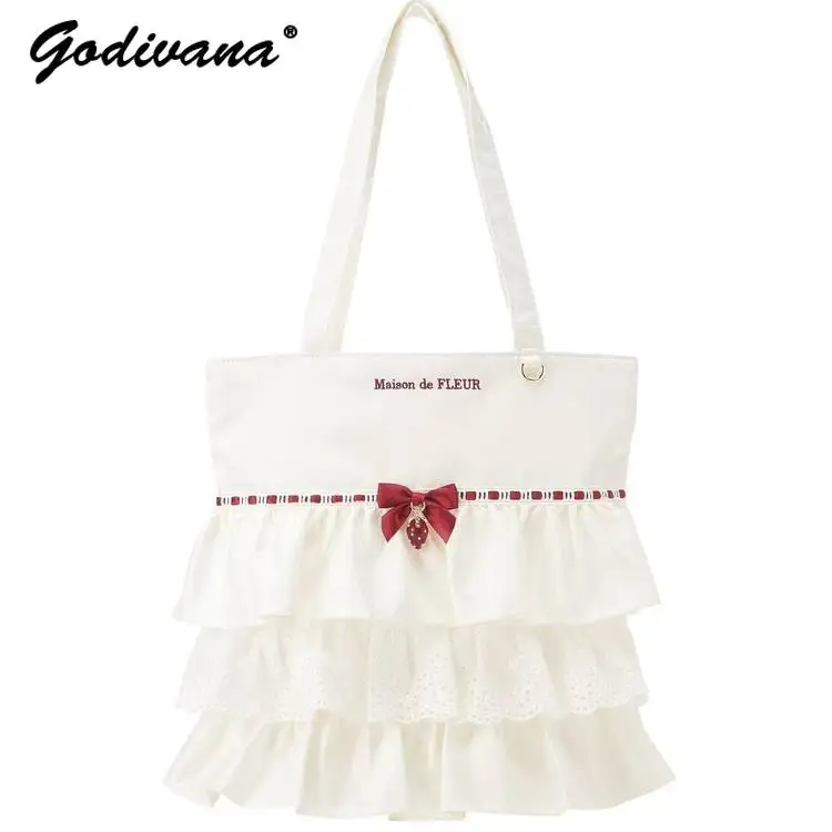 Japanese New Cute Strawberry Bowknot Tote Handbag Shoulder Bag Cosmetic Pouch Pen Case Chain Charm Keychain Lolita Accessory