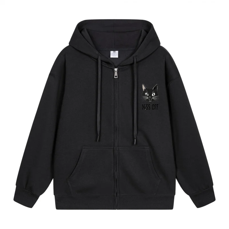 

Men's Zip-Up Hoodie Black Cat Print On Hoodie 2025 New Style Casual Couples’ Style Casual and Loose