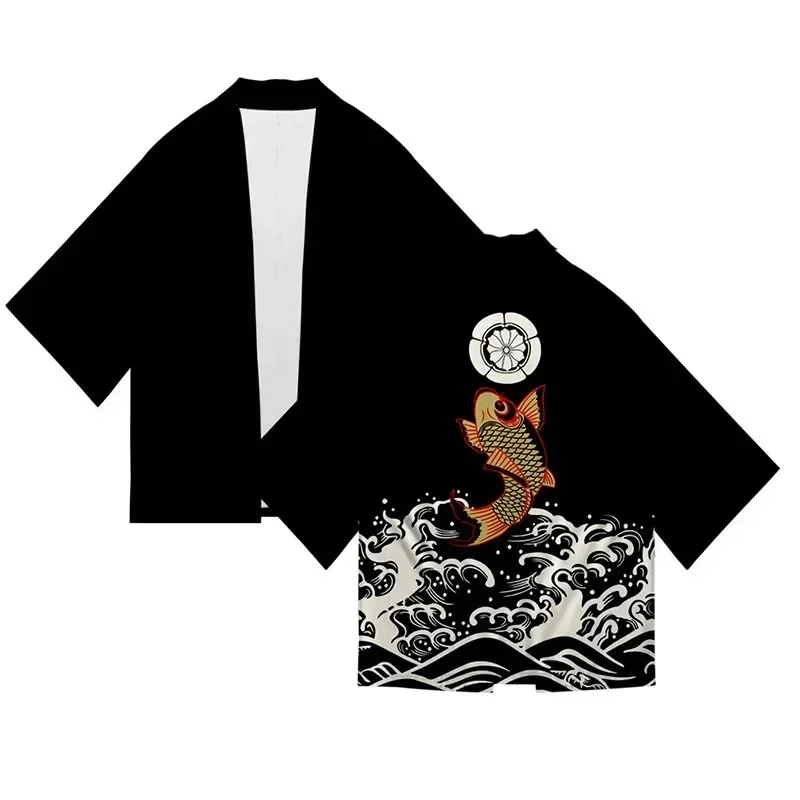 Vintage Japanese Koi Fish Wave Print Haori Unisex Open Front Half Sleeve Kimono Cardigan Street Harajuku Style Clothing Tops