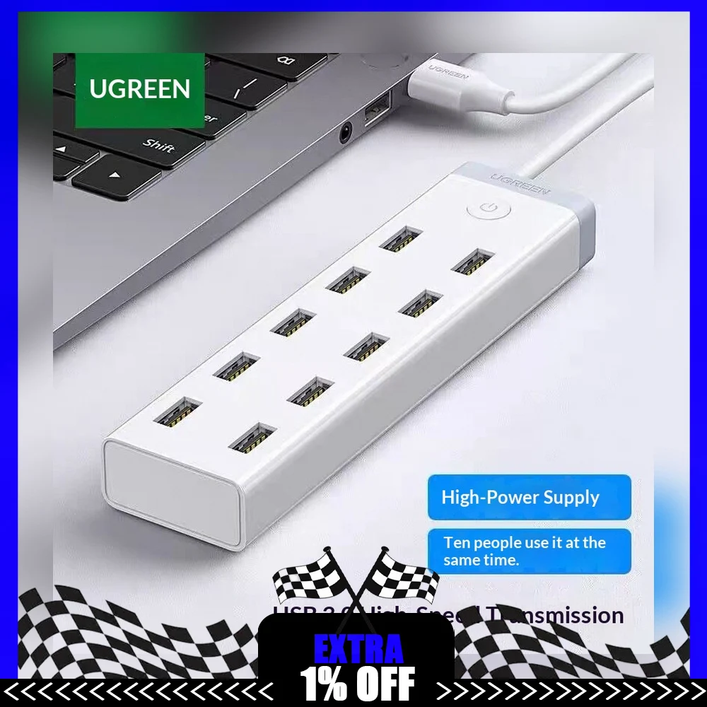 UGREEN 20482 CM421 USB 3.0 Hub 10 Port with 12V 4A Power Adapter 1.5m Cable USB Splitter for Laptop Desktop PC
