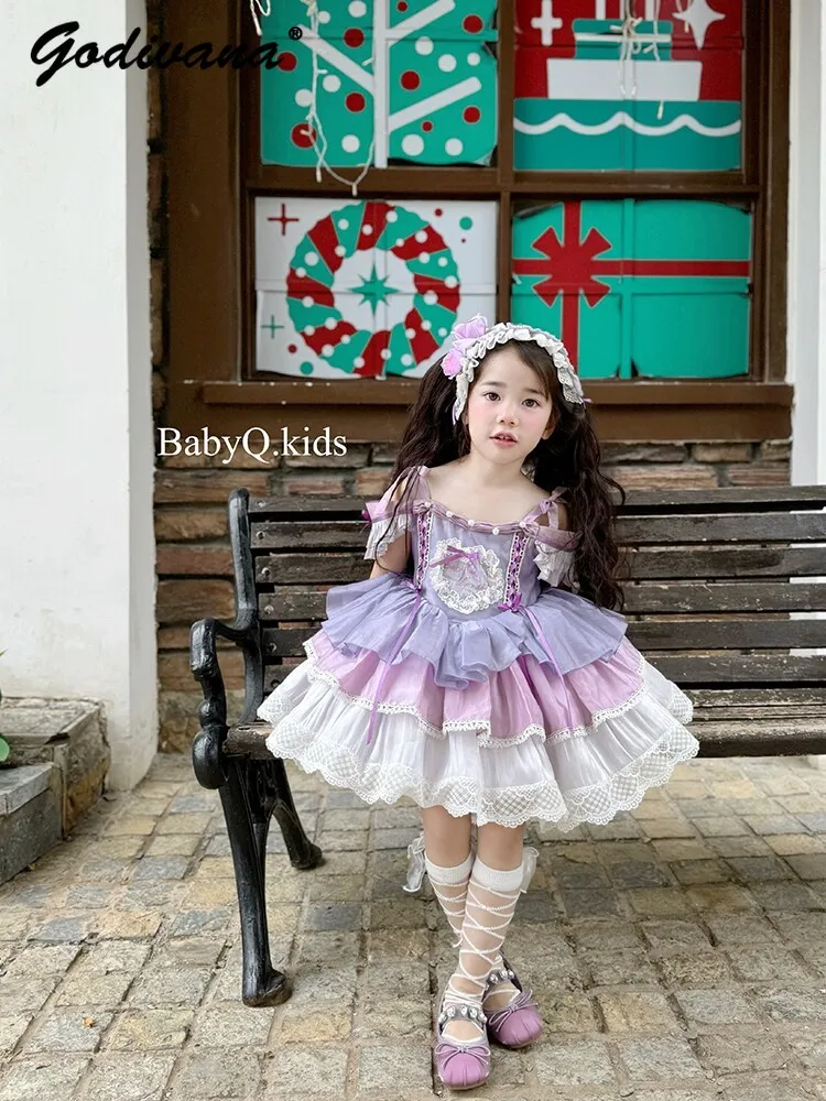 Original Sweet Baby Girls High End Purple Lolita Princess Tutu Dress Kids 2026 Summer Elegant Sleeveless Lace Trim Bow Ball Gown