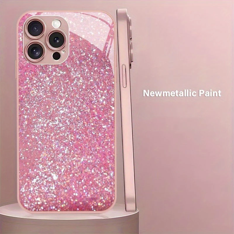 

Glitter Bling Sequins Pattern Metallic Paint Glass Hard Phone Case For iPhone 16 17 Pro Max 11 12 13 14 15 Plus 16E 17Air Cover