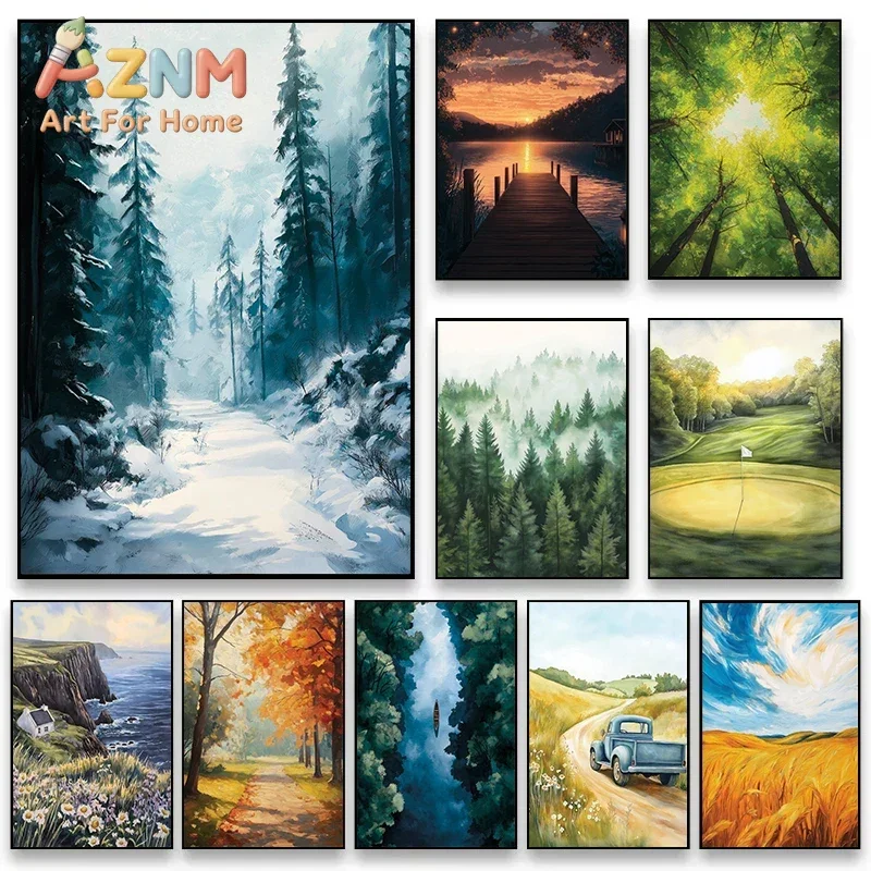 AZNM Oil Painting Style Nature Landscape Canvas Wall Art Forest Lake Mountain Sunset Season Scenery Art Print Unframed Canvas Po