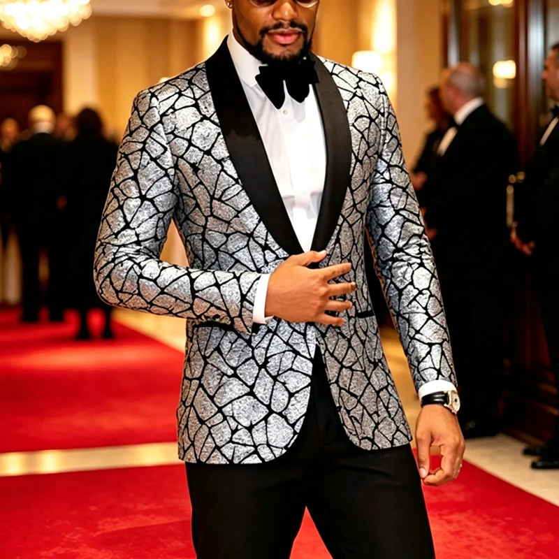 Men's Fitted 1-Button Sequined Blazer - Black Satin Lapel, Iridescent Crack Geometric Sequins, Long-Sleeve Elegant Style Men's Suit Separates, Formal Evening Wear for Wedding, Nightclub Tuxedo Jacket