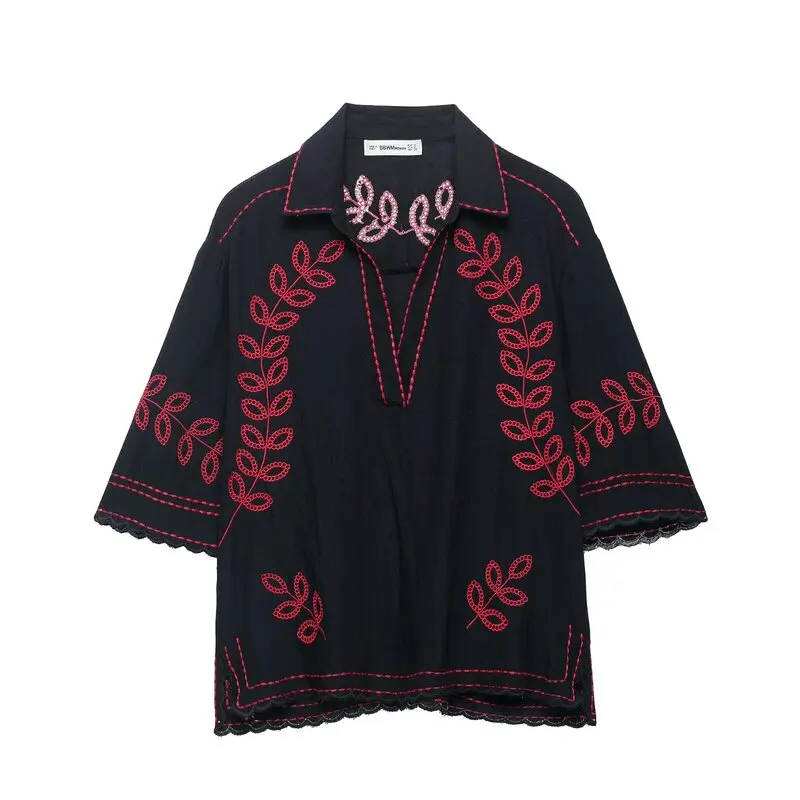 New Summer 2025 Women's Fashion Embroidered Collar Short Sleeve Shirt mid Waist Shorts Set 25-35 Years Old Customers