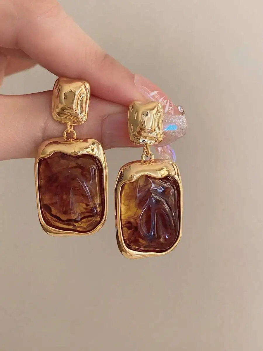 

1 Pair Metal & Amber Geometric Exaggerated Retro Earrings For Women, Fashion Party Personalized Eardrops