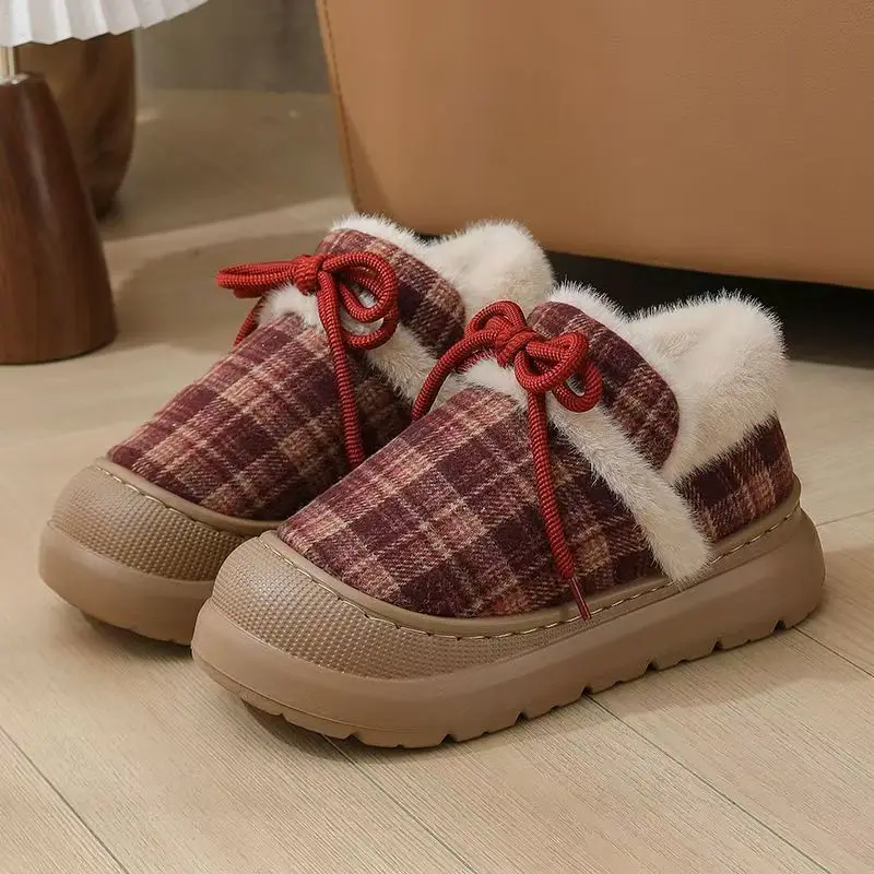 

Winter New Women Low Top Plaid Thick Sole Cotton Shoes Thicken Plush Keep Warm Round Toe Slip On Elderly Shoes Home Cotton Shoes