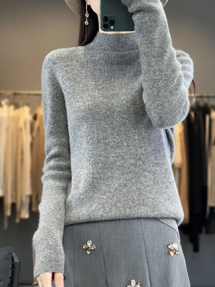 Spring Autumn 100% Merino Wool Sweater Pullover Women's Mock Neck Elegant Slim Solid Ribbed Knitwear Basic Long Sleeve Cashmere