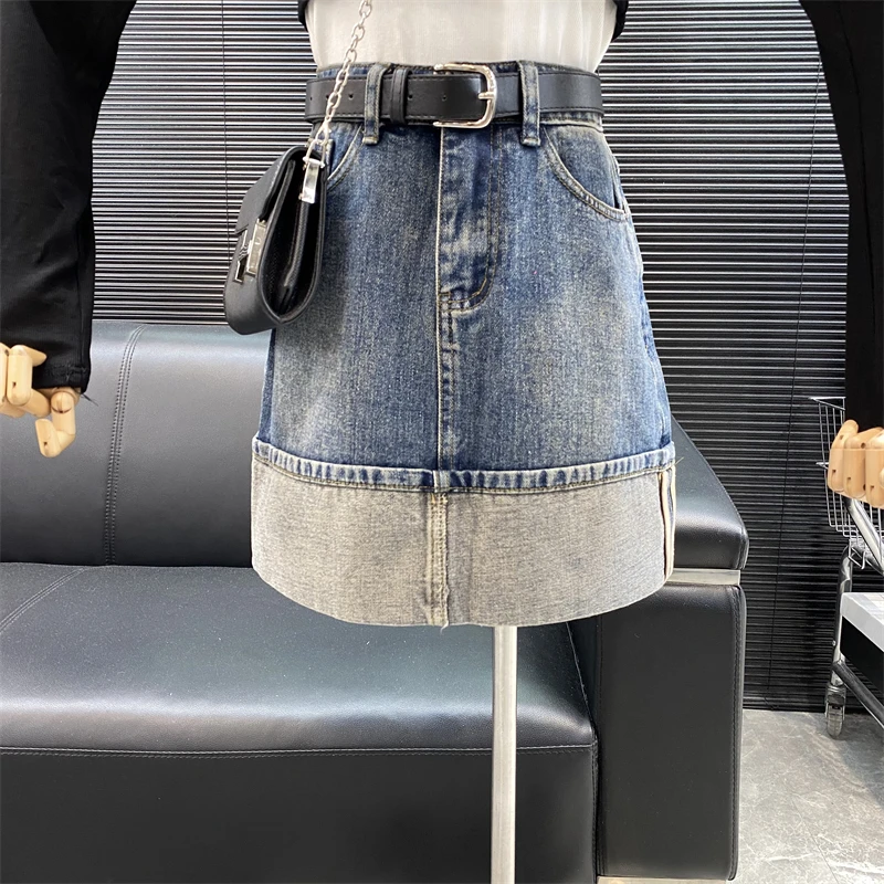 Belt!New 2022 fashion Designer Famous brand Color matching Flanging design Denim skirt High waist Versatile A-line skirt