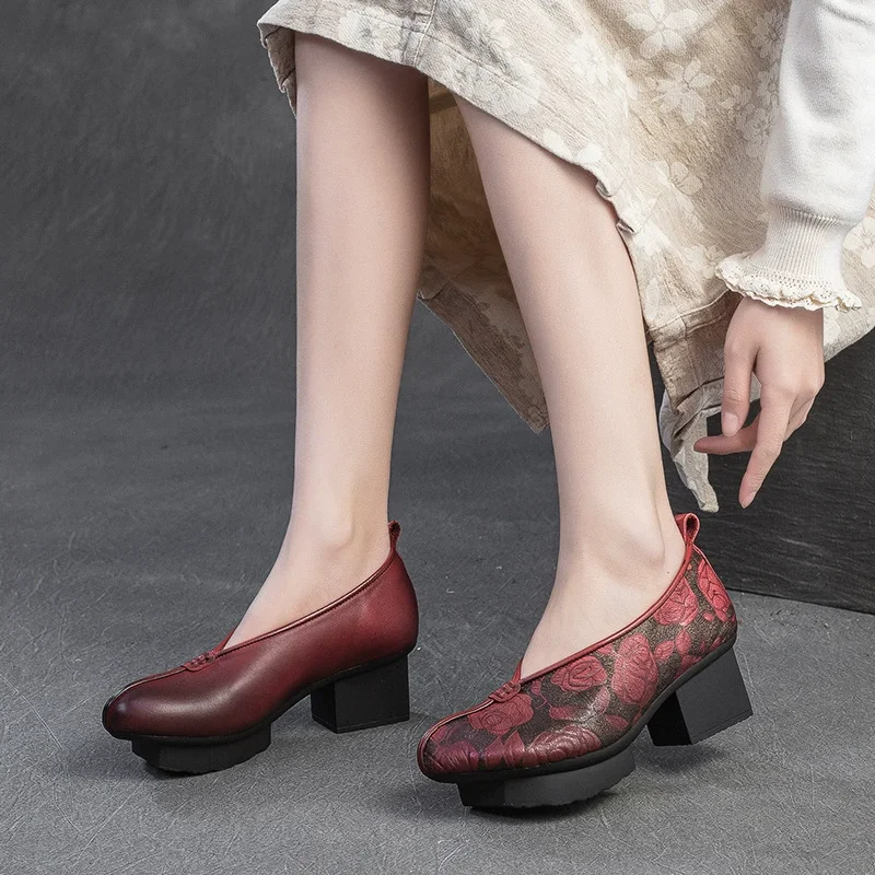 GKTINOO Spring Autumn Ethnic Style Round Toe High Heels Mom Shoes Cowhide Platform Retro Genuine Leather Pumps Women\'s Shoes