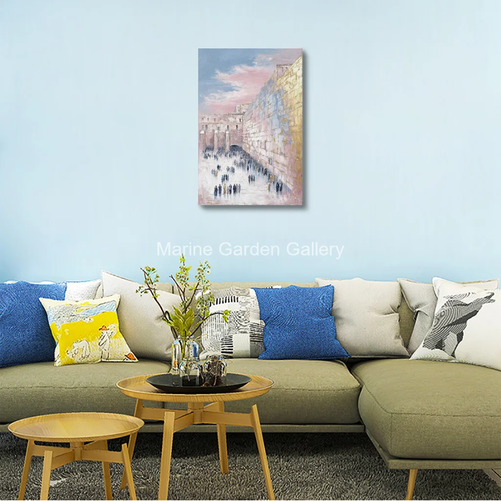 Hand Painted Blue Purple Kotel Oil Painting Jerusalem Western Wall Impasto Abstract Gold Canvas Art for Jewish Living Room Decor