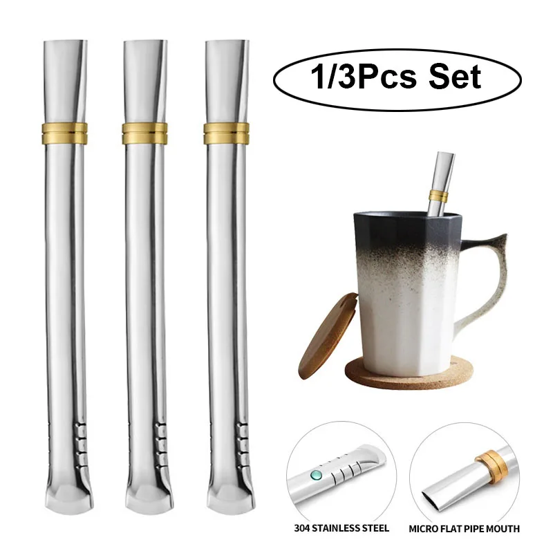 3pcs Yerba Mate Bombilla Gourd Drinking Filter Straws Stainless Steel Flat Head Straw Filter Reusable Kitchen Straws Accessories
